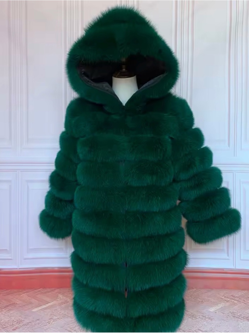 Girls Emerald Green Faux Fur Hooded Pea Coat